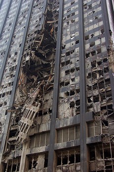 Deutsche Bank Building damaged by falling debris. This photo was taken on September 21, 2001.